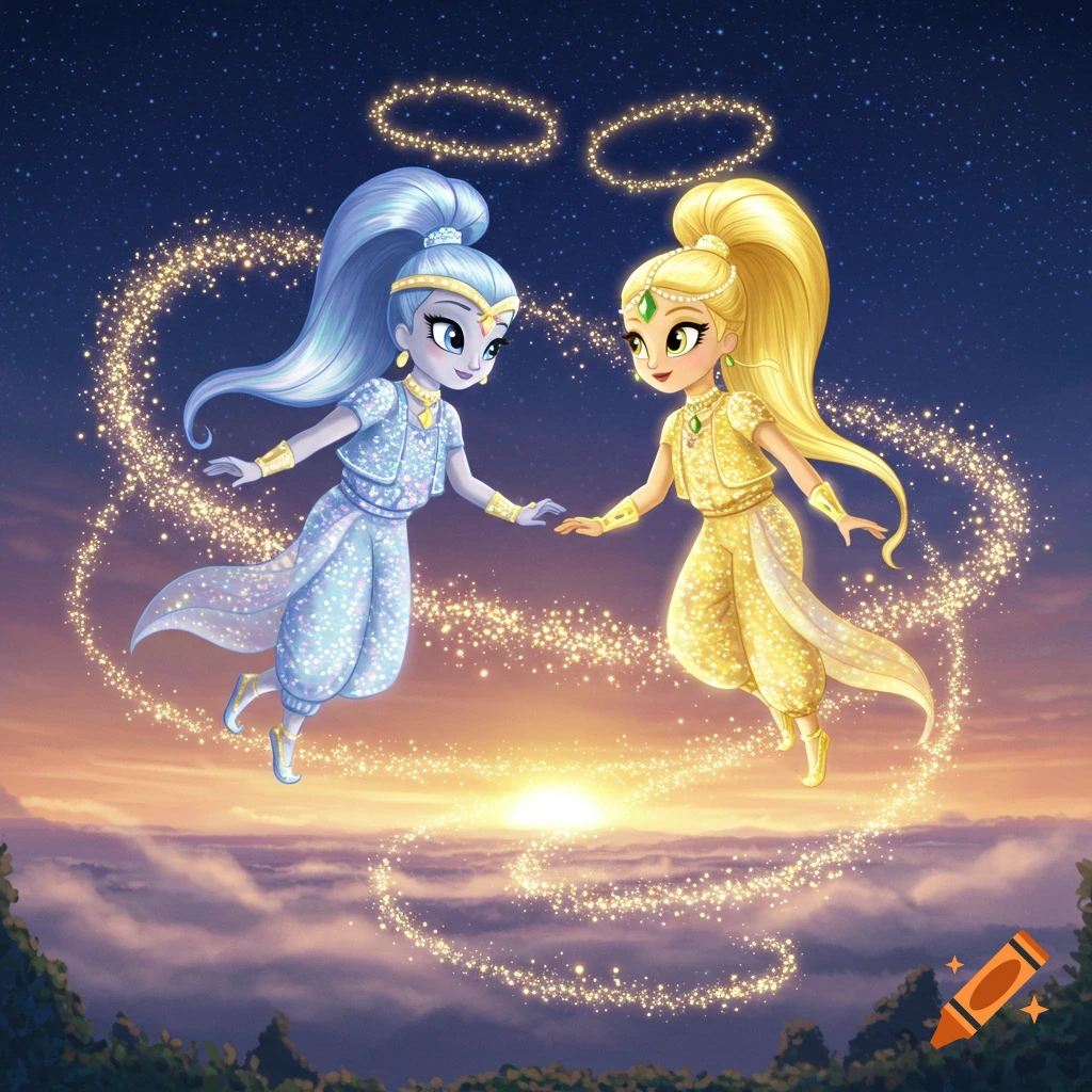 Two cartoon genies, Shimmer and Shine, float above clouds at sunset under a starry sky, surrounded by magical glitter trails.