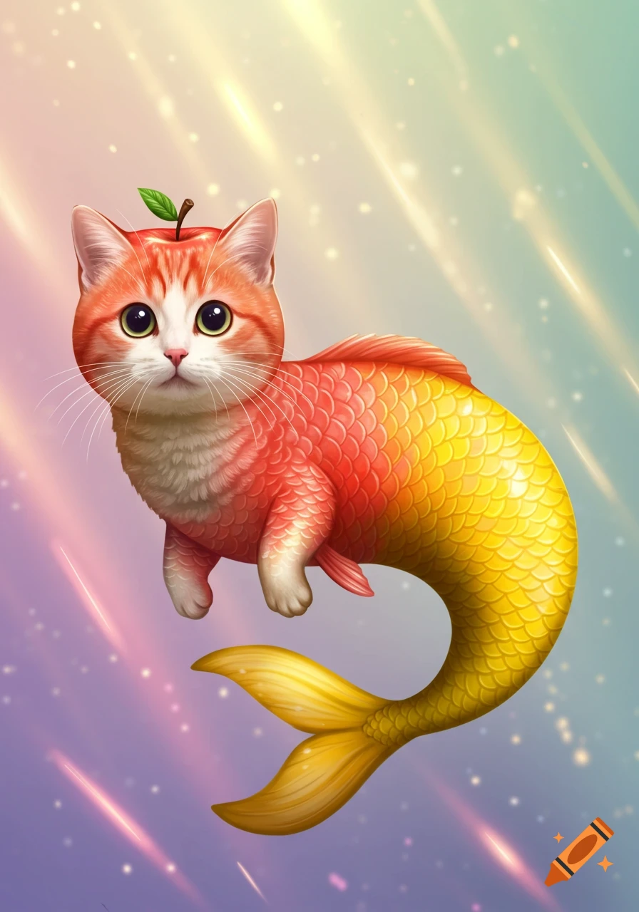 A cute, stylized cat with an apple-like head and a fish tail floats in a sparkling pastel background.
