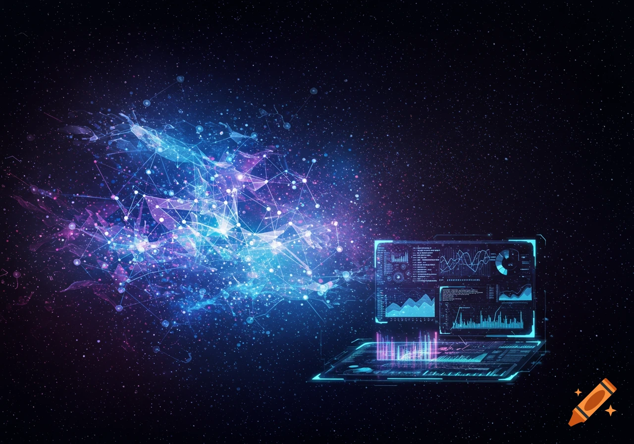 A futuristic holographic laptop displaying data, connected to a vast network of glowing blue and purple data points in a starry cosmos.