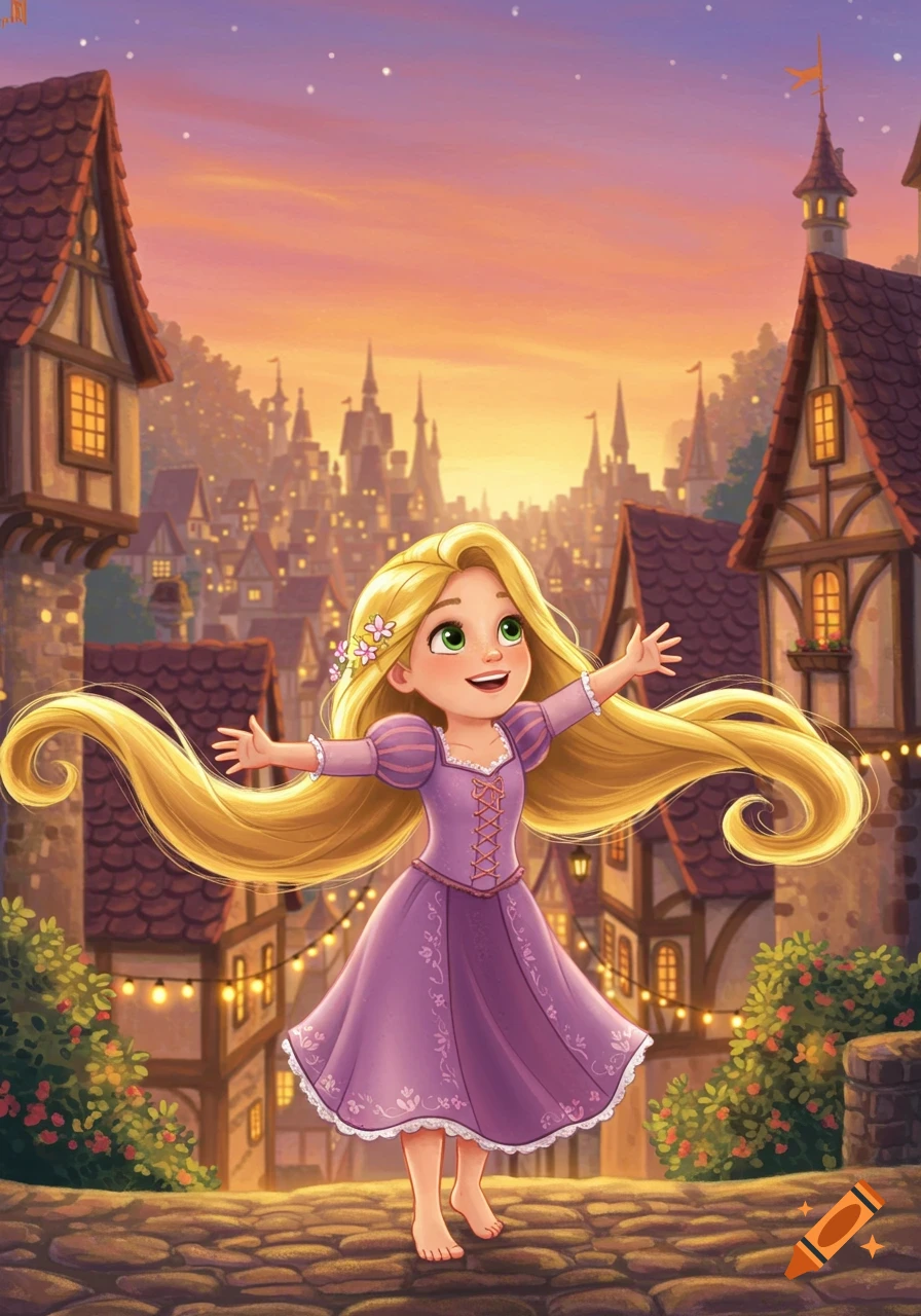 Whimsical illustration of a happy, barefoot girl with long blonde hair in a purple dress, arms outstretched in an illuminated fantasy town at sunset.