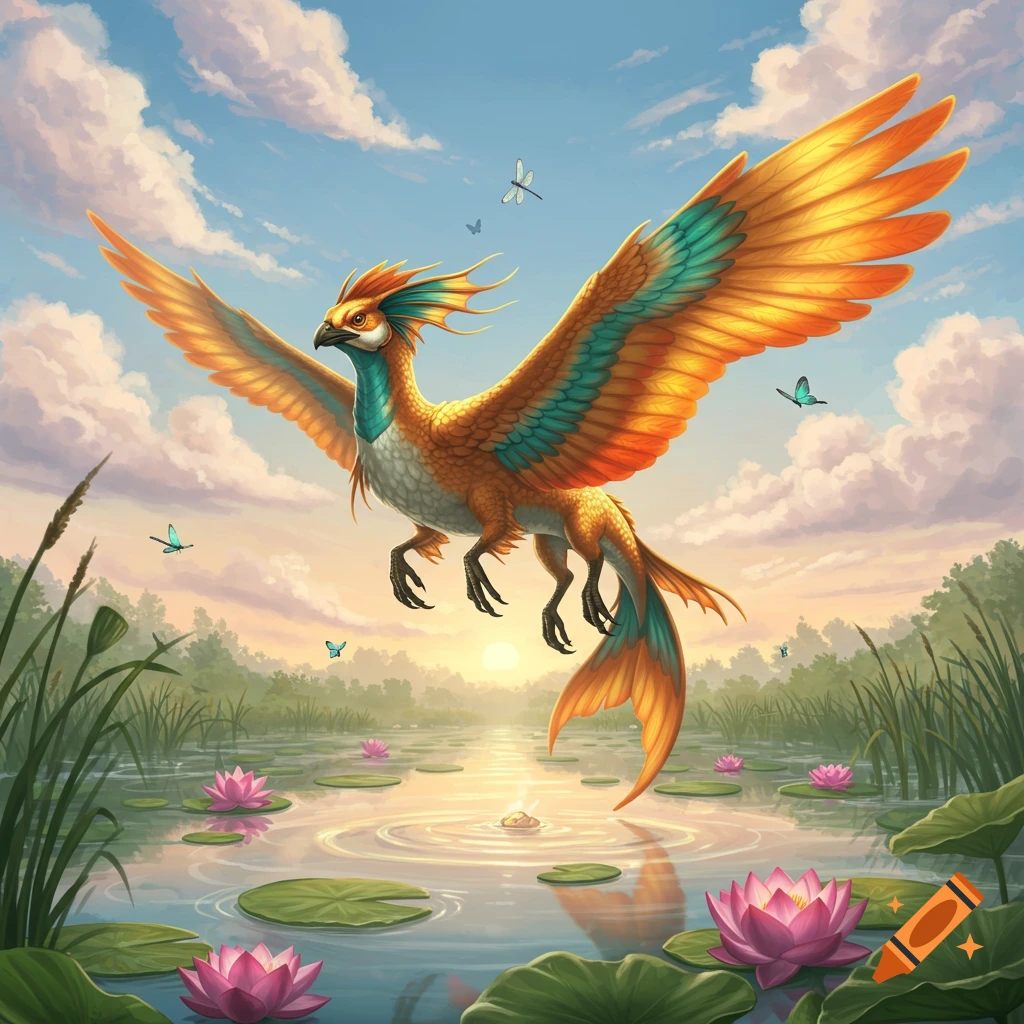 A majestic orange and teal fantasy bird-creature with large wings flies over a serene pond with pink water lilies at sunset.