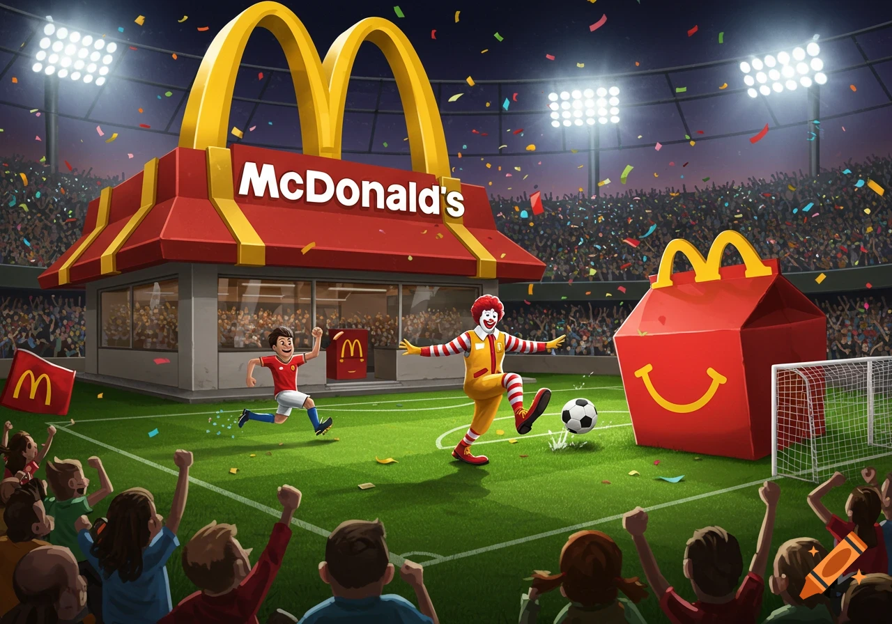 Cartoon Ronald McDonald and a child playing soccer in a stadium with a giant McDonald's restaurant and Happy Meal box goal.