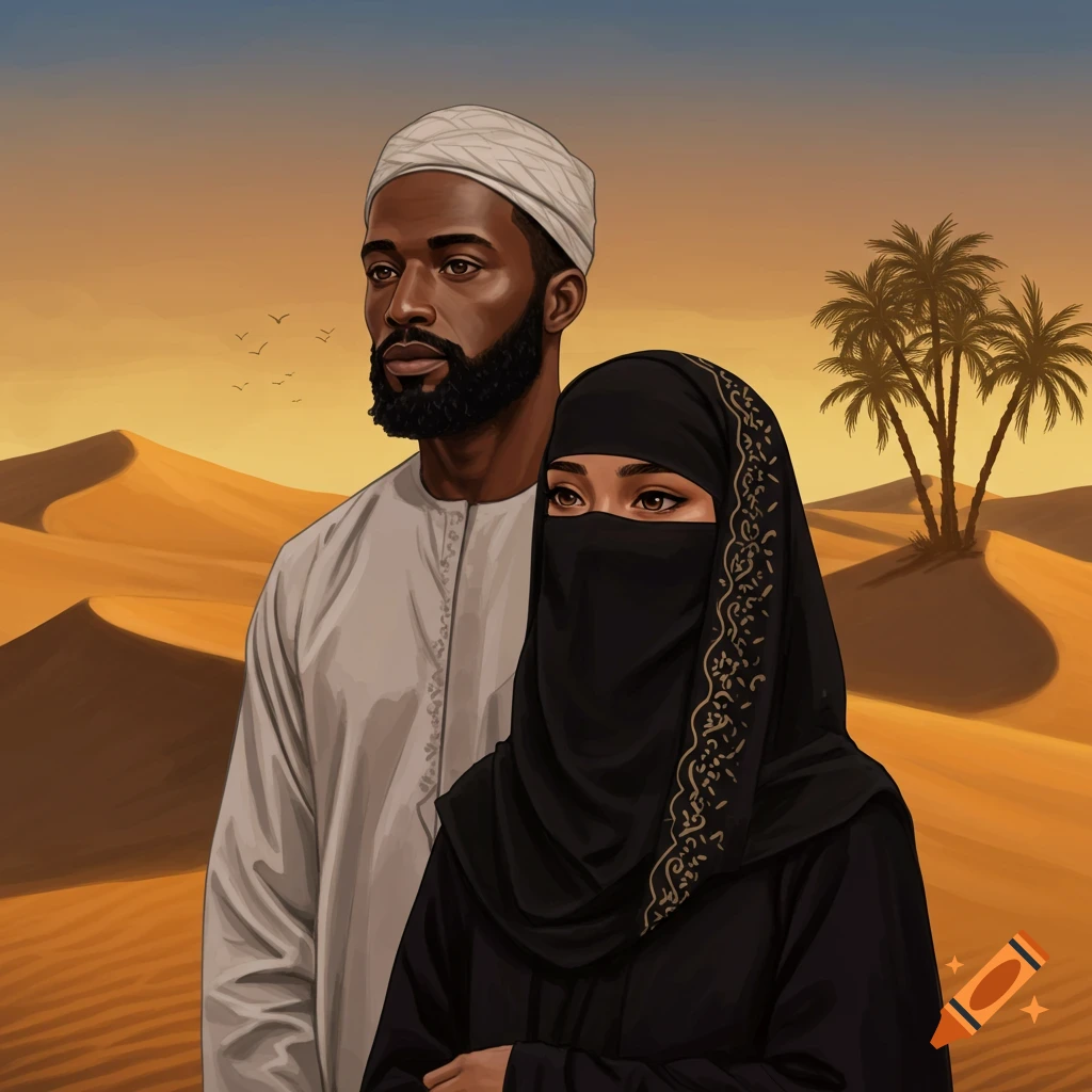 Illustrative portrait of a bearded Black man and a woman in a niqab, standing in a sunny desert with dunes and palm trees.
