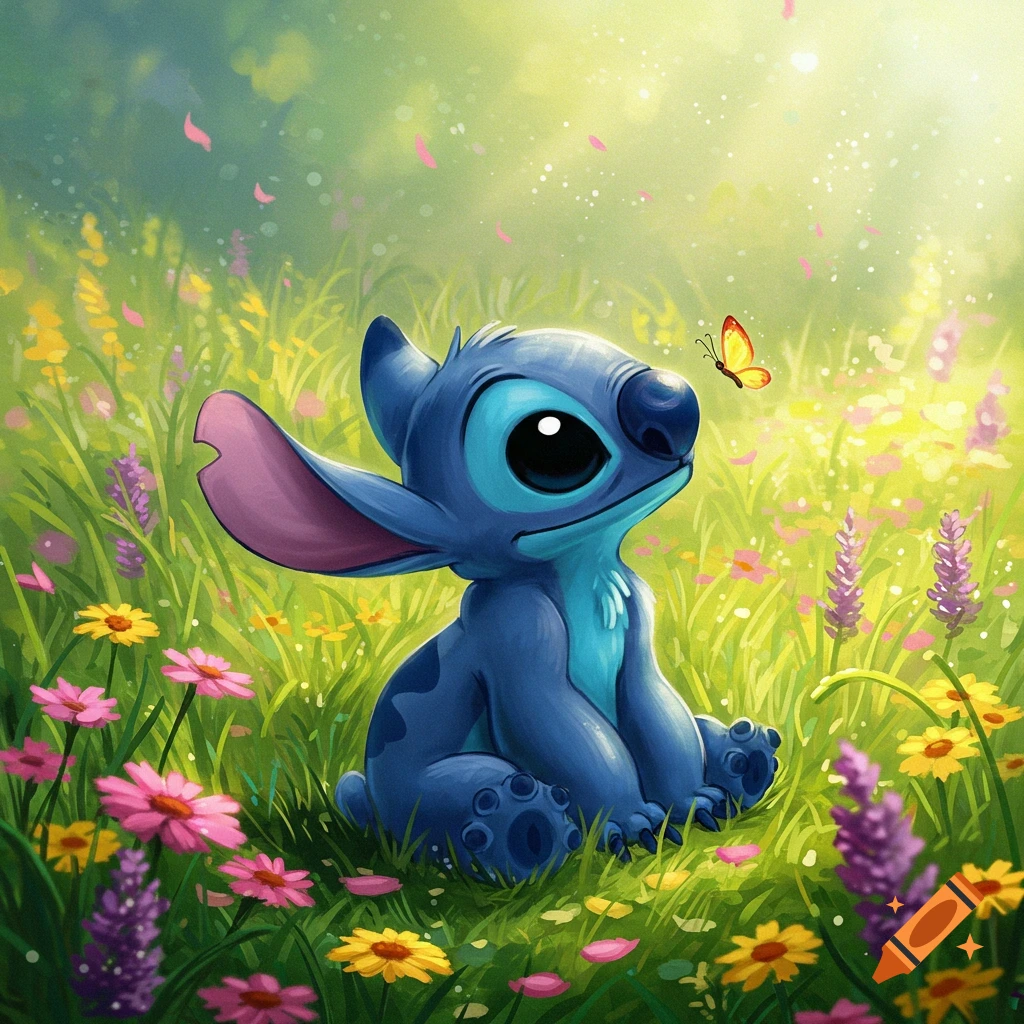 Stitch, a blue alien character, sits in a vibrant meadow among colorful flowers and green grass, looking at a yellow butterfly.