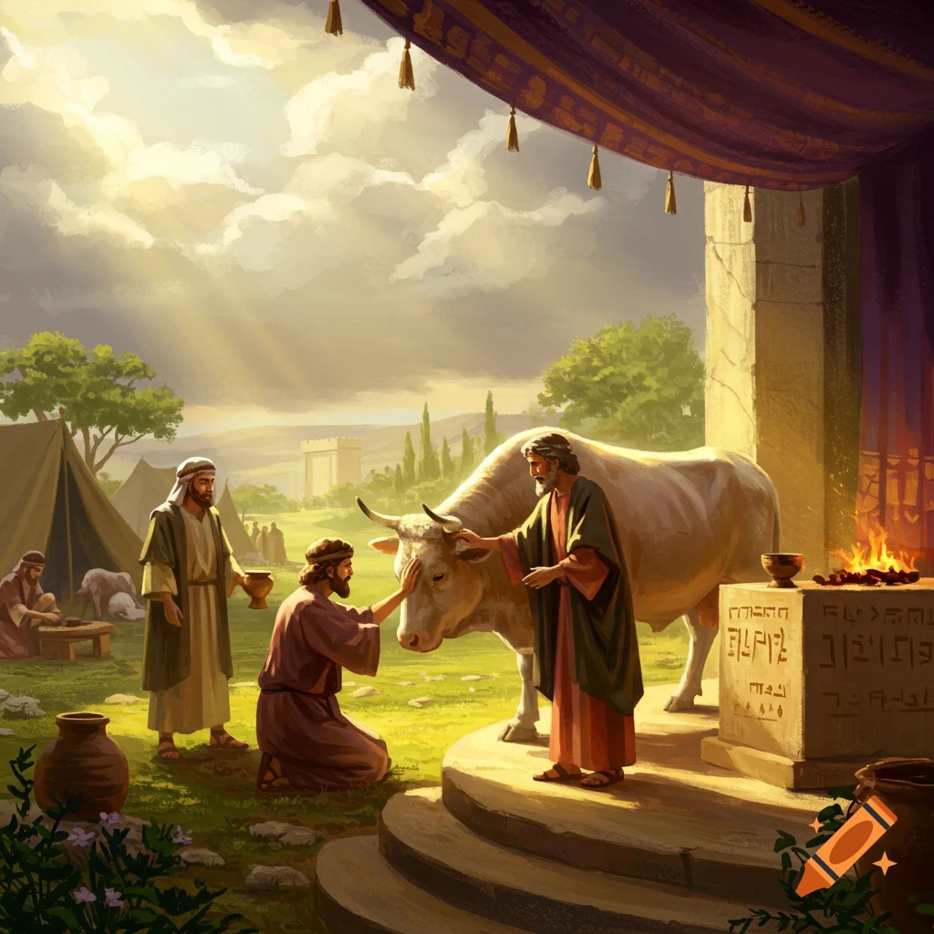 A man kneels with his hand on a bull's head, as another man stands by the bull next to a smoking altar in a biblical landscape.