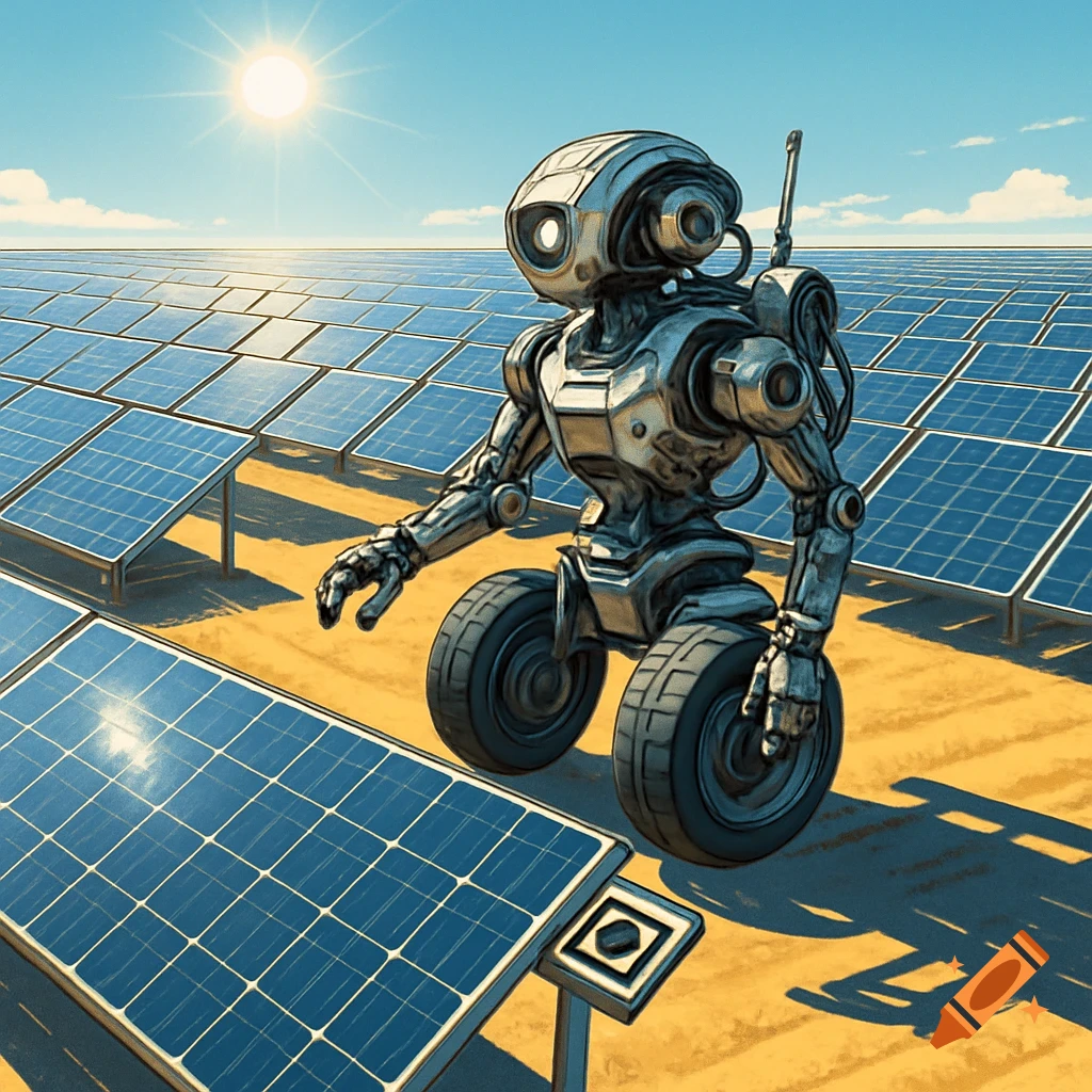 A silver wheeled robot traverses a vast solar panel field under a bright sun, with one panel featuring a black and white marker.