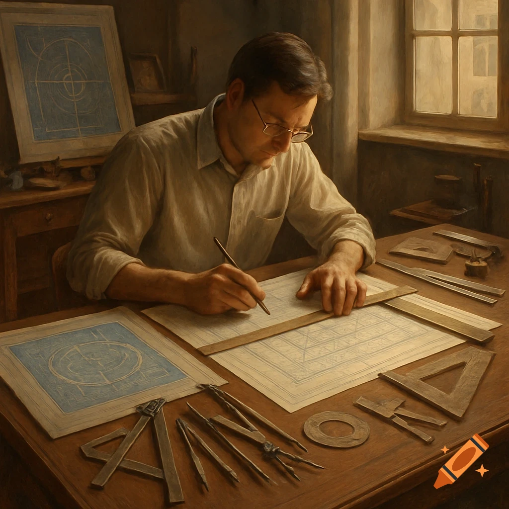 A man with glasses meticulously draws on a blueprint at a wooden desk filled with drafting tools, rendered in a painterly style.