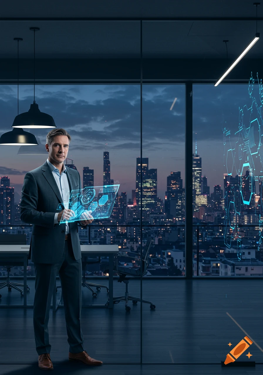 A businessman in a suit holds a glowing holographic display with data in a modern office overlooking a city skyline at dusk.