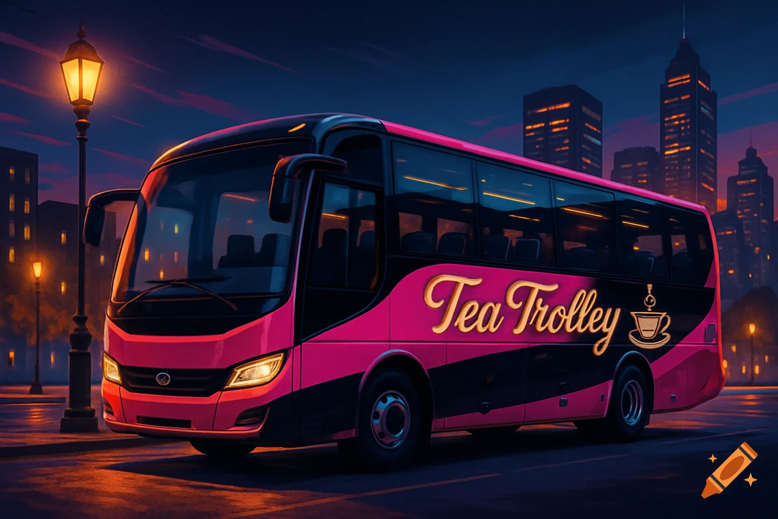 A vibrant pink and black 'Tea Trolley' coach bus with a teacup logo on a dark city street at night, with lit buildings.