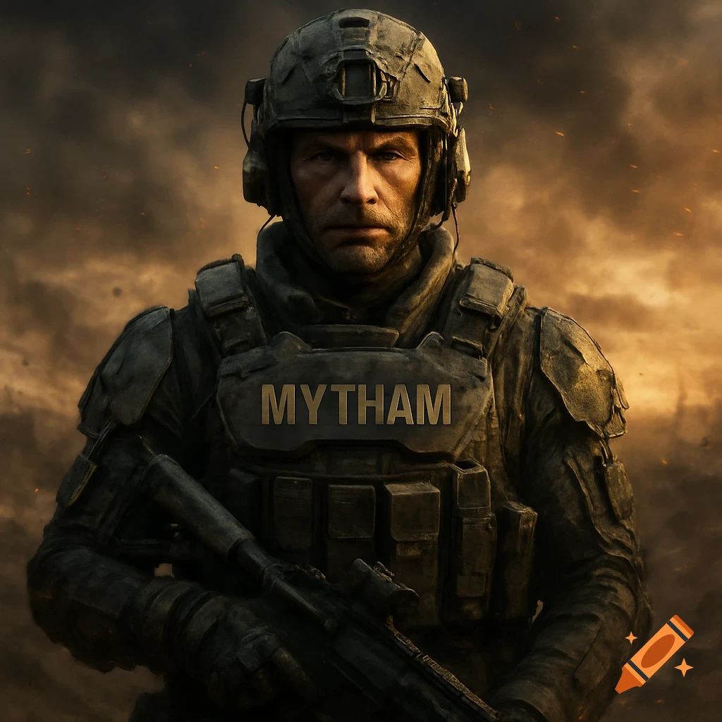 A close-up, photorealistic portrait of a soldier in full tactical gear with "MYTHAM" on his chest, against a smoky, fiery background.
