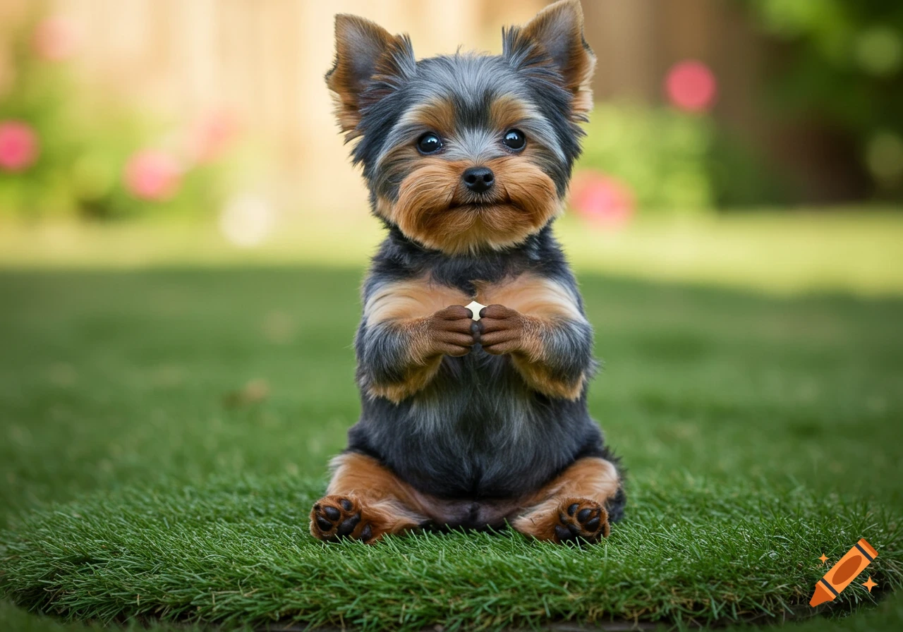 A cute yorkie puppy sits on green grass with its front paws together, holding a small white object, looking forward.