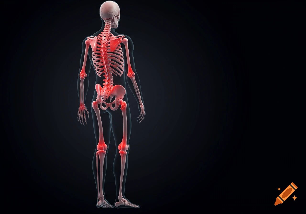 3D medical illustration of a human skeleton with red highlights indicating injuries on various joints and bones.