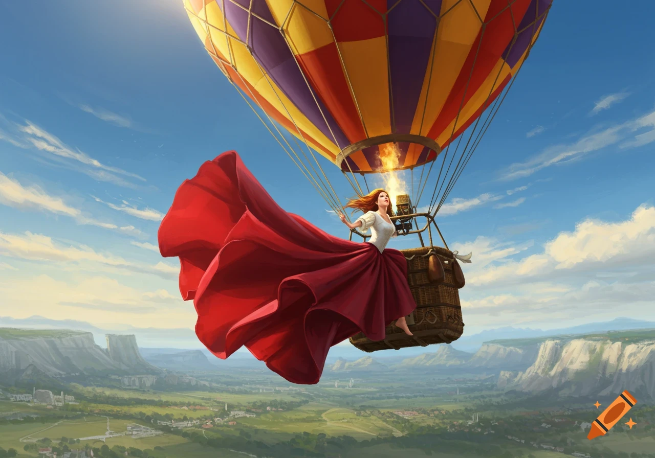 A woman in a flowing red skirt clings to the side of a colorful hot air balloon, soaring over a vast green valley with cliffs under a bright sky.