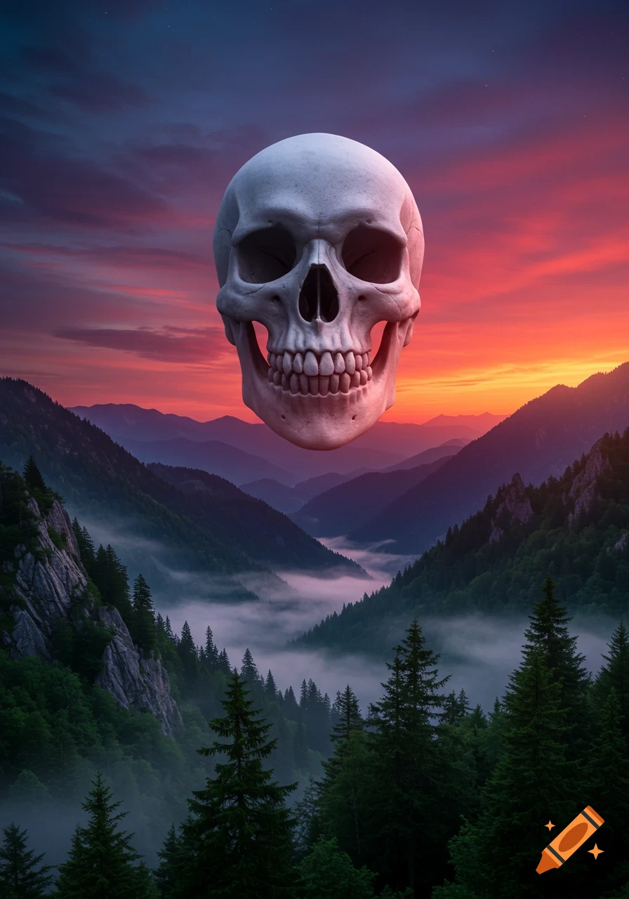 A large, photorealistic skull floats menacingly over a misty mountain valley with lush green trees under a vibrant sunset sky.