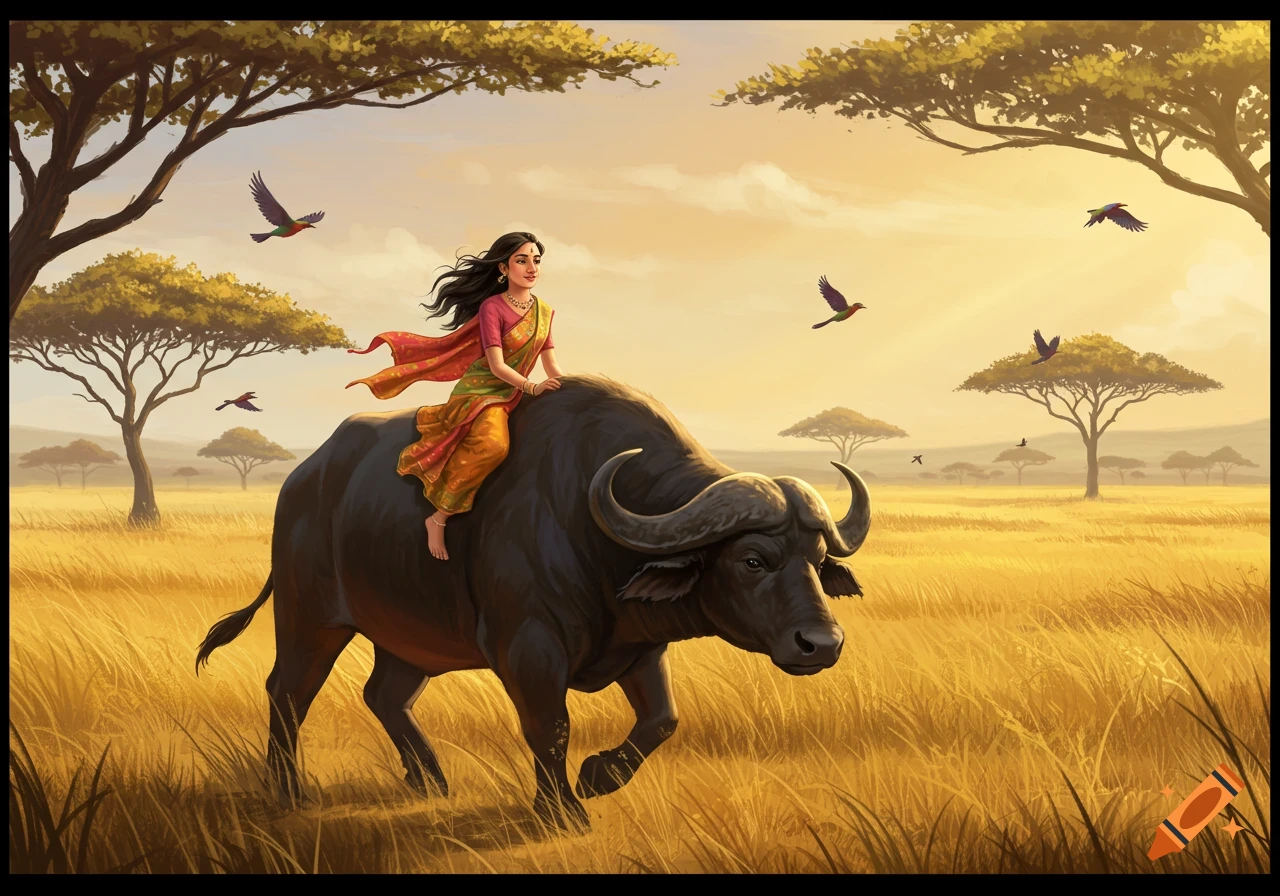 An illustration of a girl riding a large buffalo through a golden savanna with acacia trees and birds, under a warm sky.
