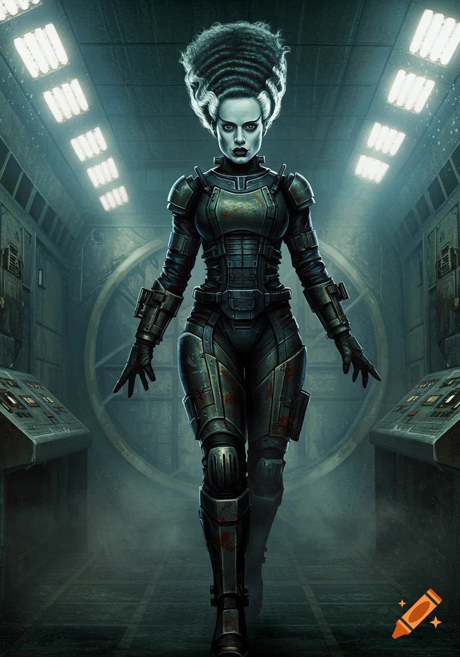The Bride of Frankenstein in a dark, armored sci-fi suit stands in a dimly lit metallic corridor.