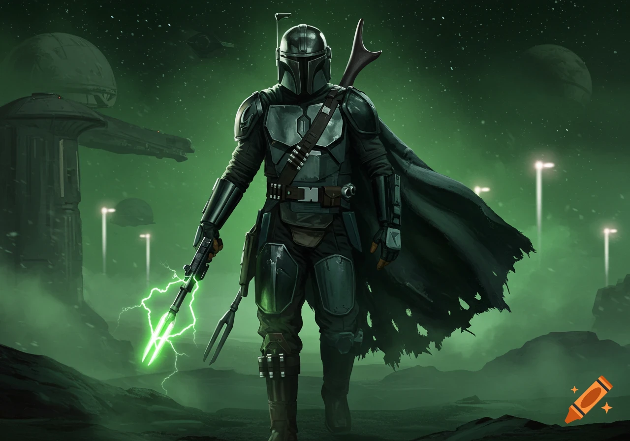 A Star Wars bounty hunter in dark Mandalorian armor stands on a green alien planet, holding a weapon with green lightning.