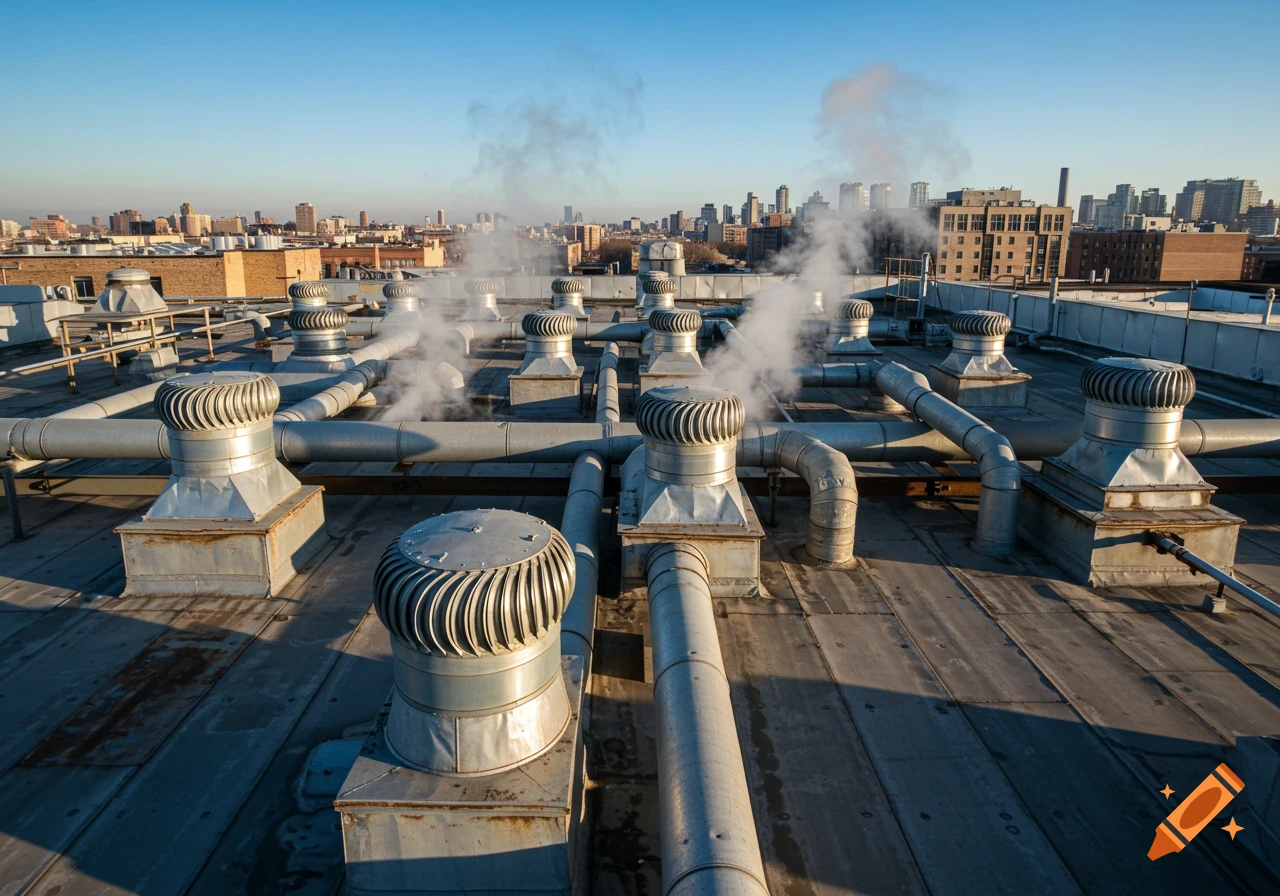 A photorealistic high-angle view of a commercial rooftop with numerous metal vents, pipes, and machinery against a city skyline.