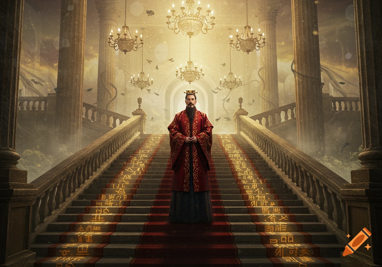 A majestic emperor in red robes stands at the base of a grand staircase with glowing symbols in a lavish, chandelier-lit hall.