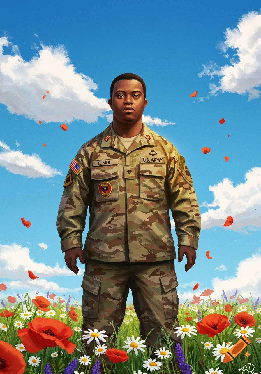 Illustration of a Black U.S. Army soldier with Down syndrome standing in a field of red poppies and white daisies under a blue sky.