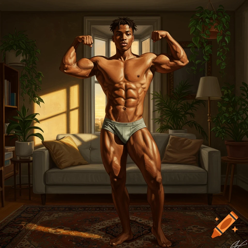 A muscular Black man in briefs flexes his biceps in a sunlit living room with house plants, rendered in a realistic painting style.