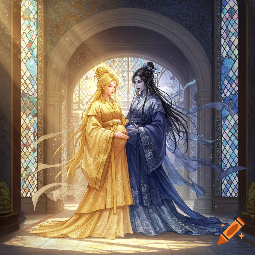 A pregnant blond Chinese fairy goddess in a golden hanfu stands with her dark-haired wife in a blue hanfu inside a palace with stained glass.