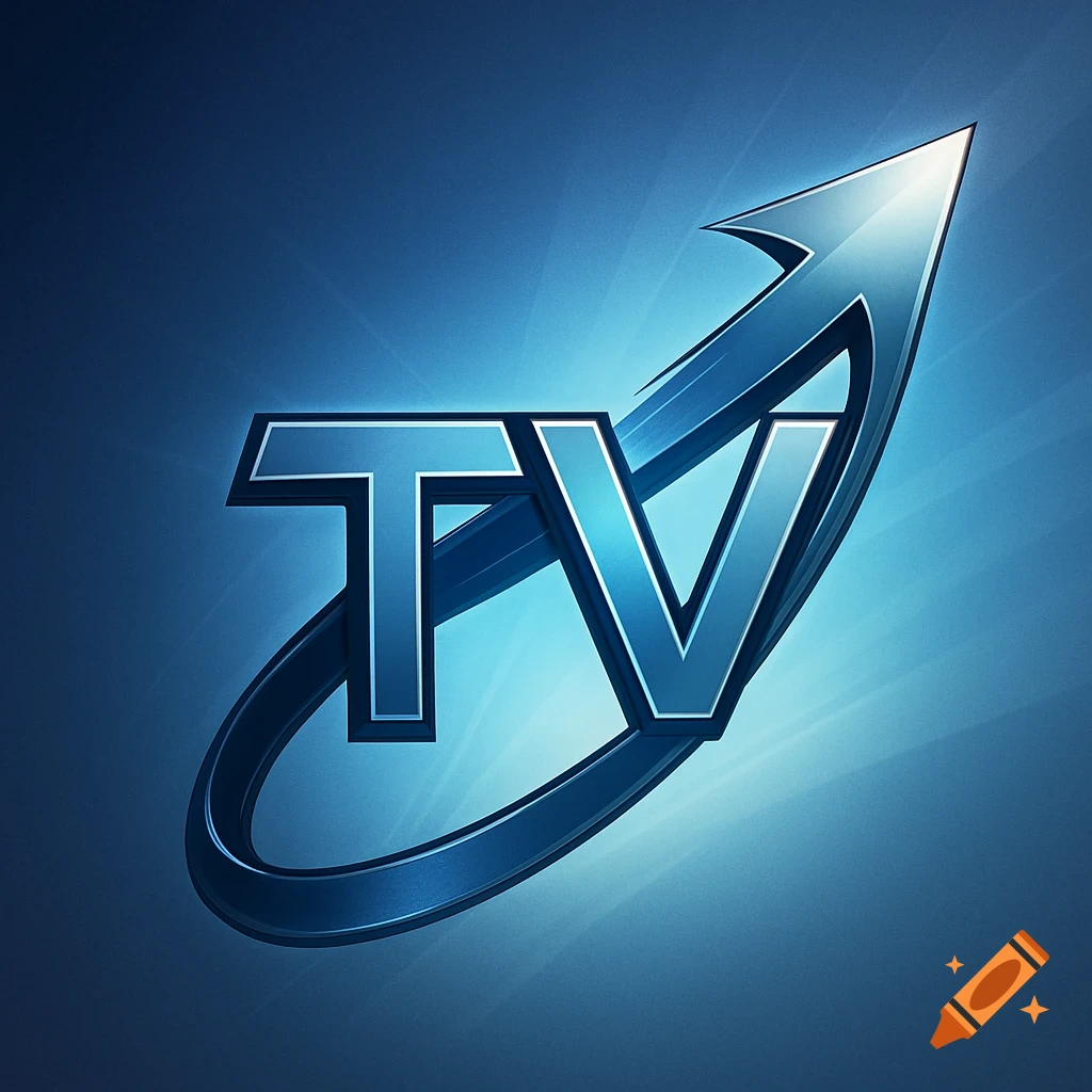 Blue stylized logo with metallic "TV" letters and an upward-curving arrow on a radiating blue background.