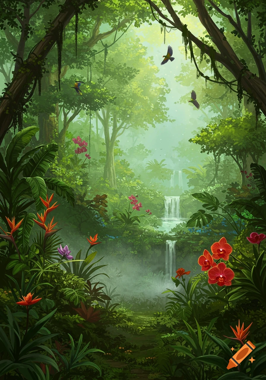 Vibrant illustration of a lush jungle with waterfalls, exotic flowers, and birds flying.