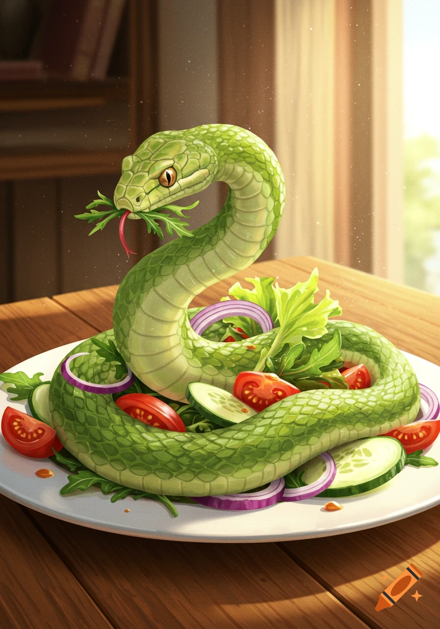 A detailed green snake coiled in a fresh salad with tomatoes, cucumbers, and red onion on a wooden table, eating a sprig of greens.