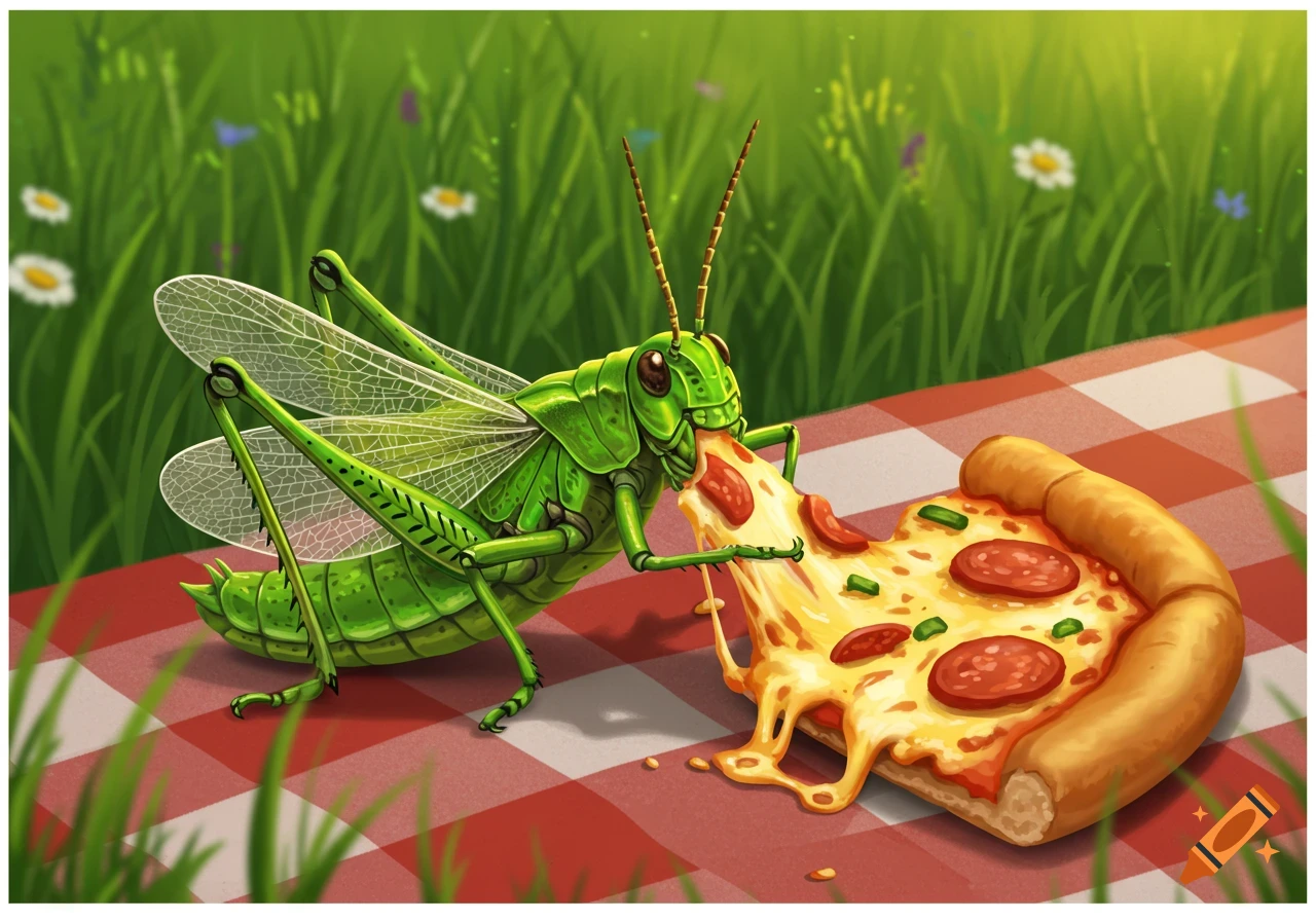 A cartoon grasshopper happily eats a slice of pepperoni pizza on a red and white checkered blanket in a sunny grassy field.