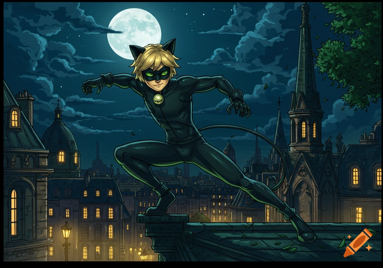 Chat Noir crouches on a Parisian rooftop at night, illuminated by a full moon, with city buildings below in a cartoon style.