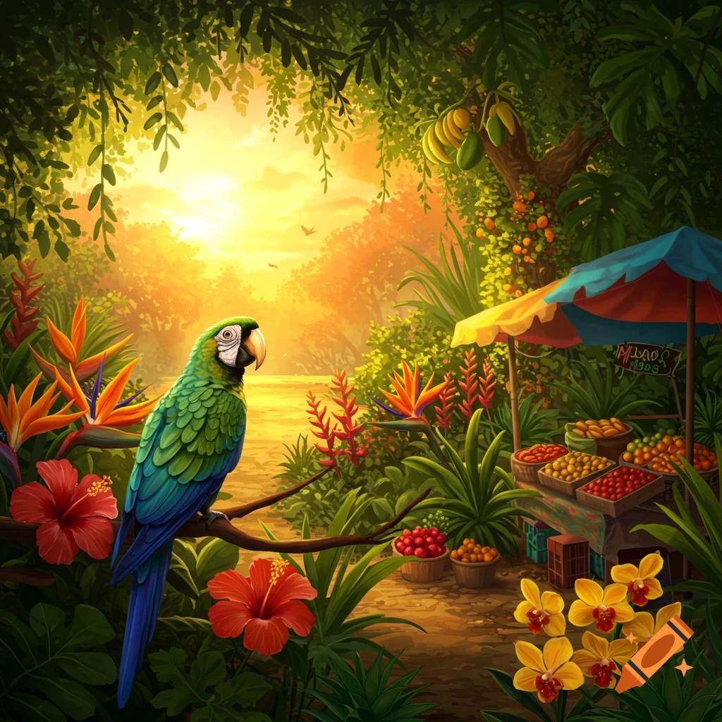 A vibrant illustration of a green parrot in a tropical jungle with exotic flowers, a fruit stand, and a sunset in the background.