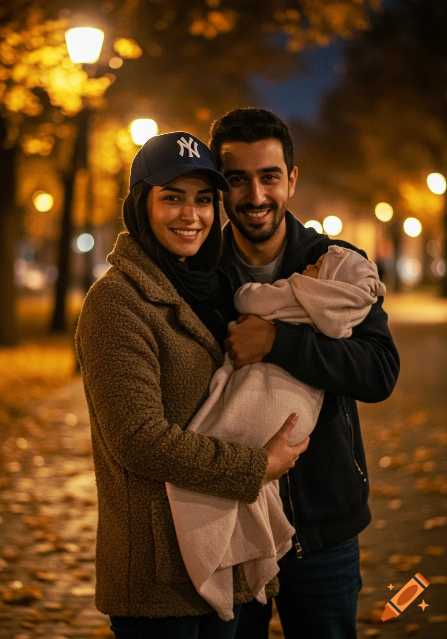 Photorealistic portrait of a smiling young family with a baby, mother in an NY cap, outdoors on an autumn night under warm streetlights.