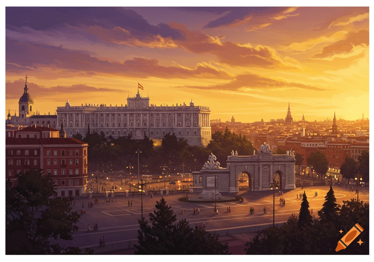 An illustrative view of Madrid, Spain at sunset, featuring the Royal Palace, a large archway, and a bustling square under a golden sky.