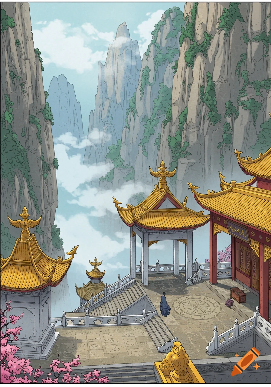 A comic art illustration of a traditional Chinese monastery with golden roofs and cherry blossoms, nestled high in a misty, rugged mountain landscape, with a lone figure walking on a terrace.
