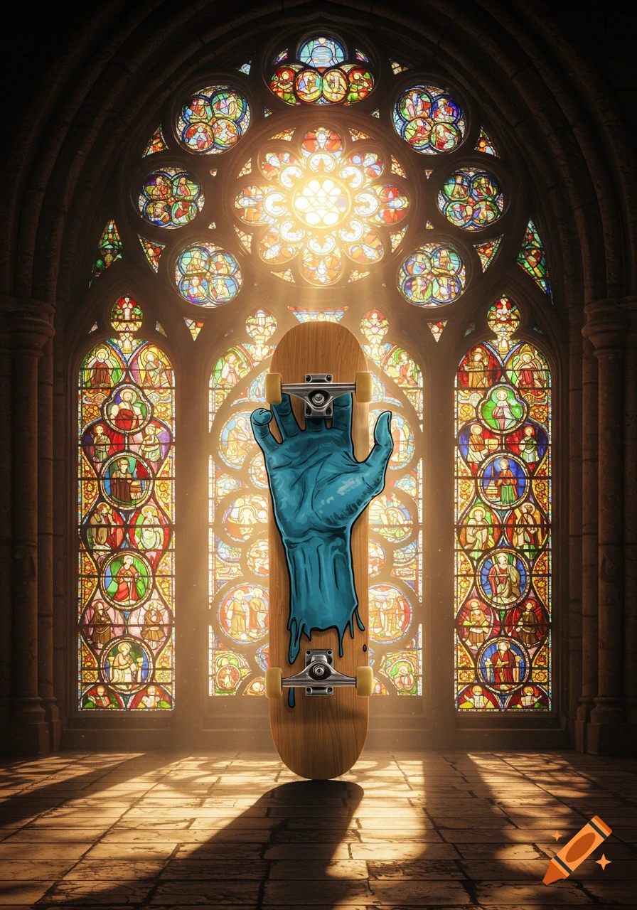 A skateboard with a stylized blue, dripping hand design stands upright in a grand church, illuminated by vibrant stained glass windows.
