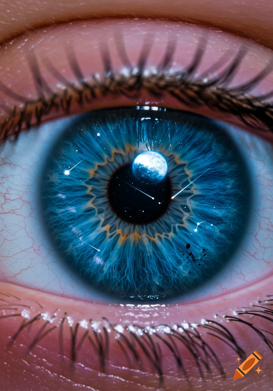 Close-up of a human eye with a vivid blue iris, reflecting a cosmic scene of stars and a planet within the pupil.