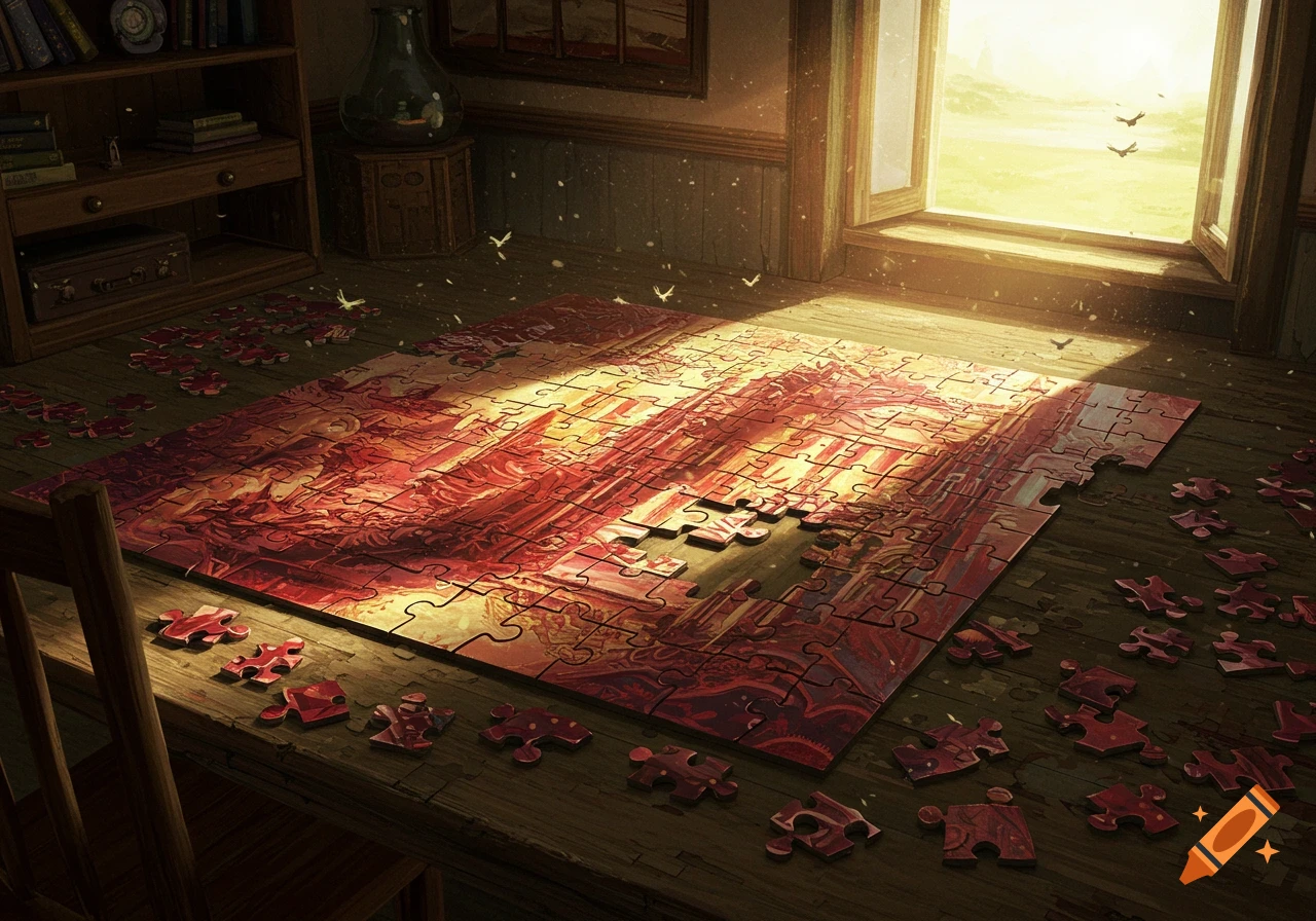 A large, intricate jigsaw puzzle with many missing pieces lies on a sunlit wooden floor in a room, depicting a reddish fantasy landscape.