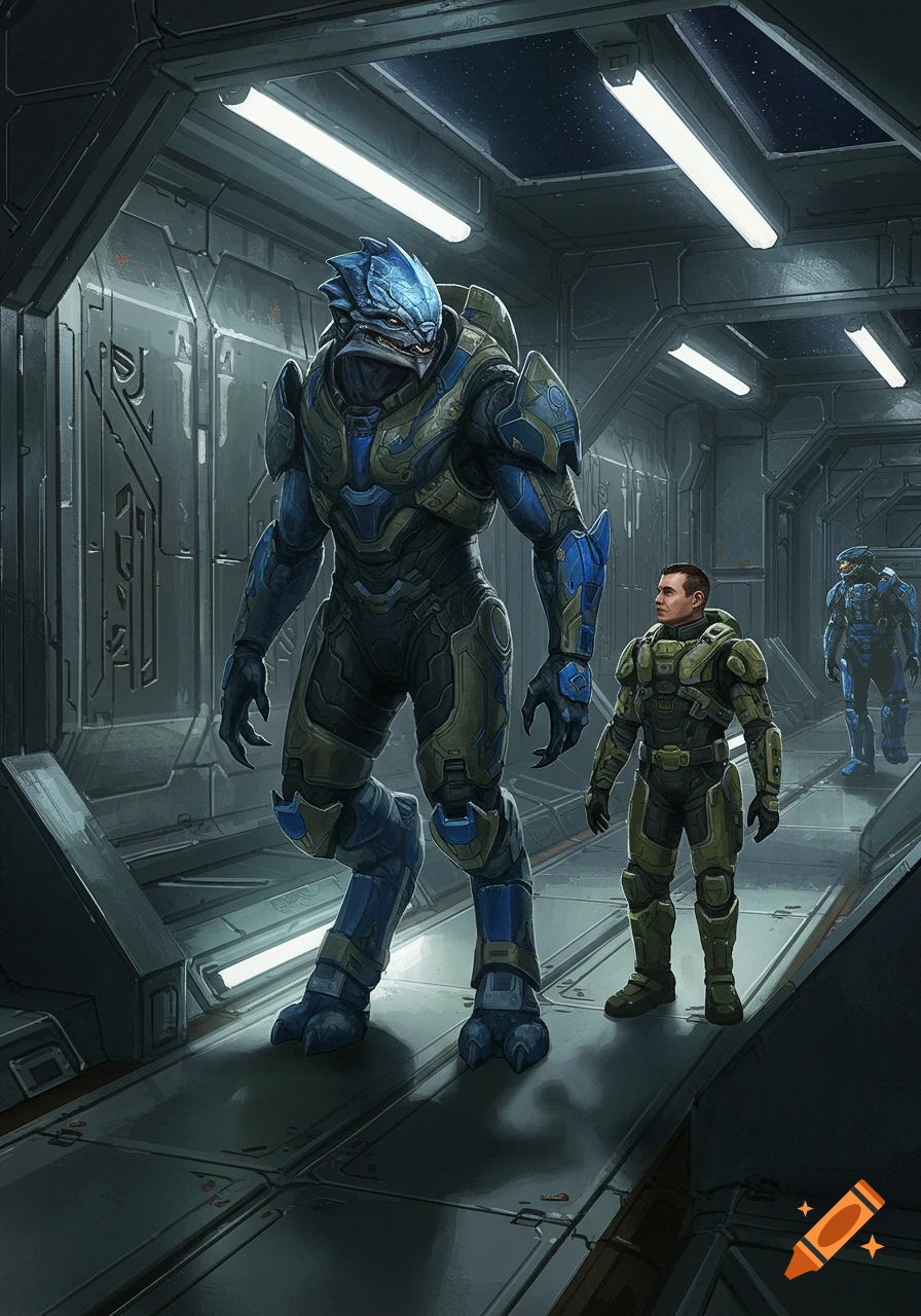 A tall blue alien soldier in intricate armor walks alongside a shorter human soldier in a green suit through a metallic spaceship corridor. Another blue alien is in the background.