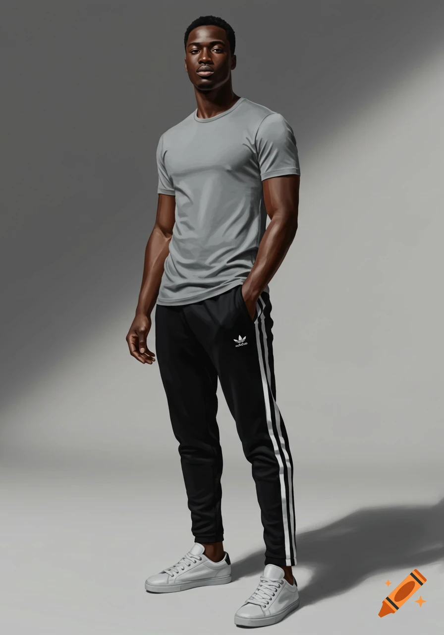 A photorealistic image of a Black man wearing a gray t-shirt, black Adidas track pants, and white sneakers, standing against a gray background.