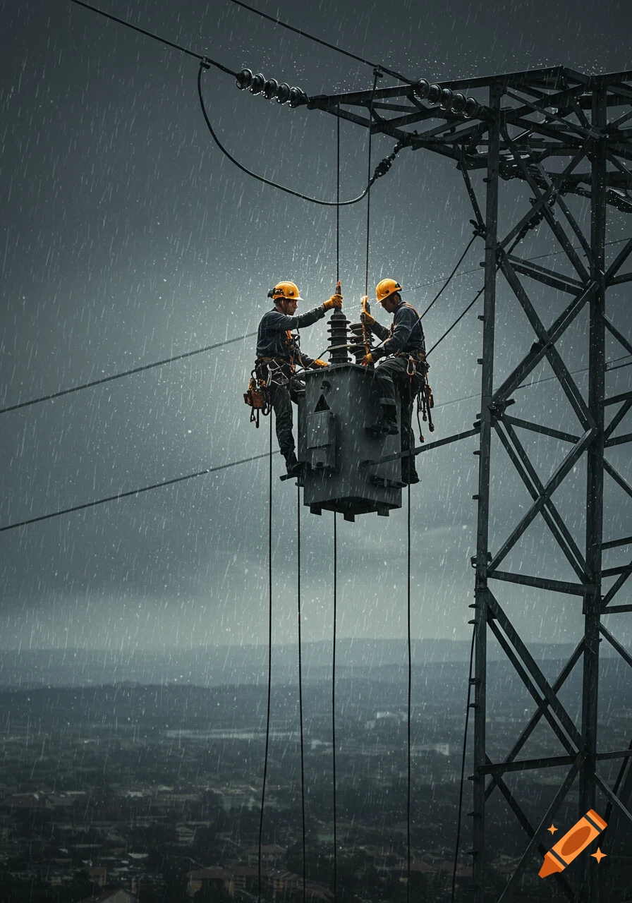 Two photorealistic electricians in hard hats and harnesses work on a transformer high on an electrical tower in heavy rain, overlooking a city.