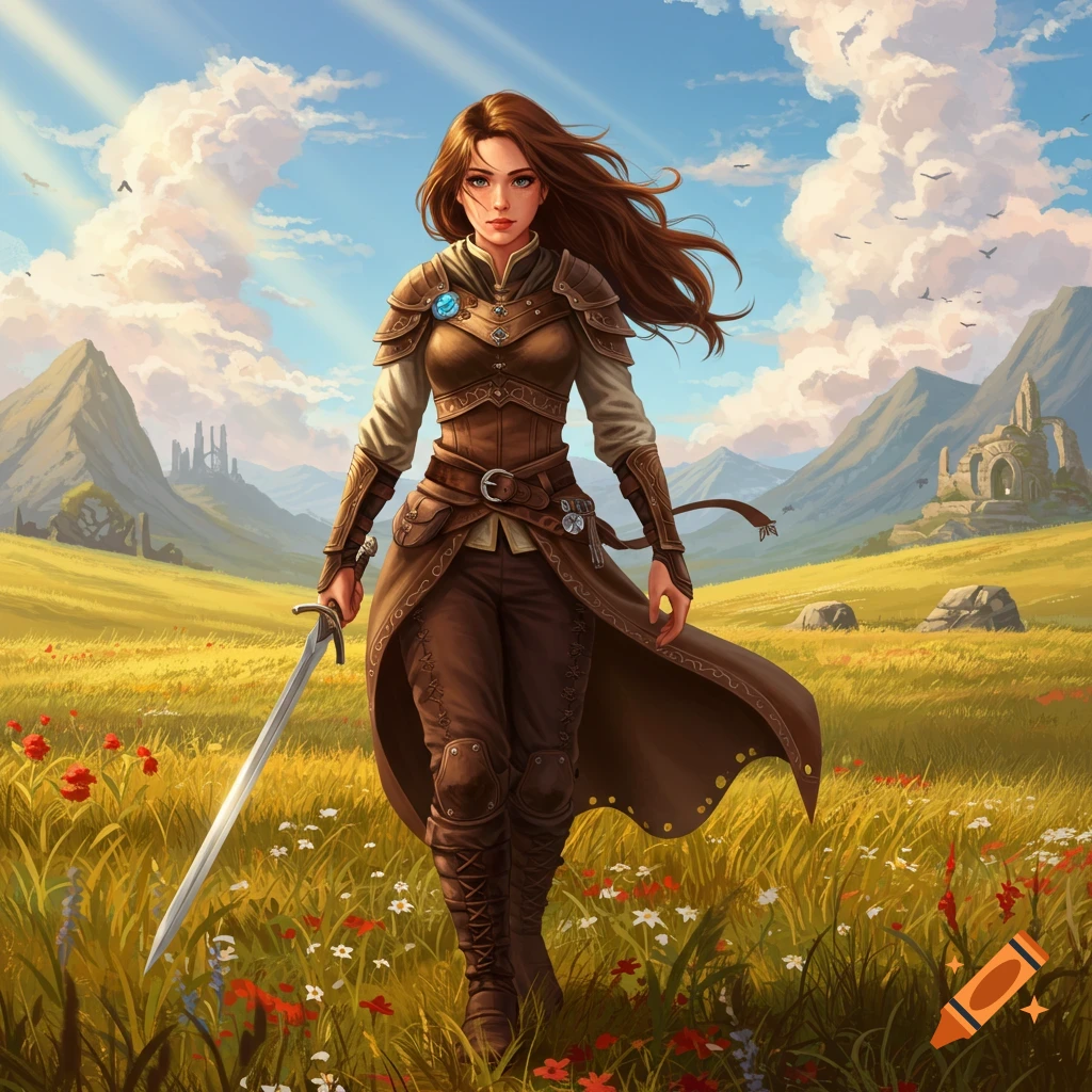 A female fantasy warrior in brown armor walks through a flower field, holding a sword, with mountains and ancient ruins in the background.
