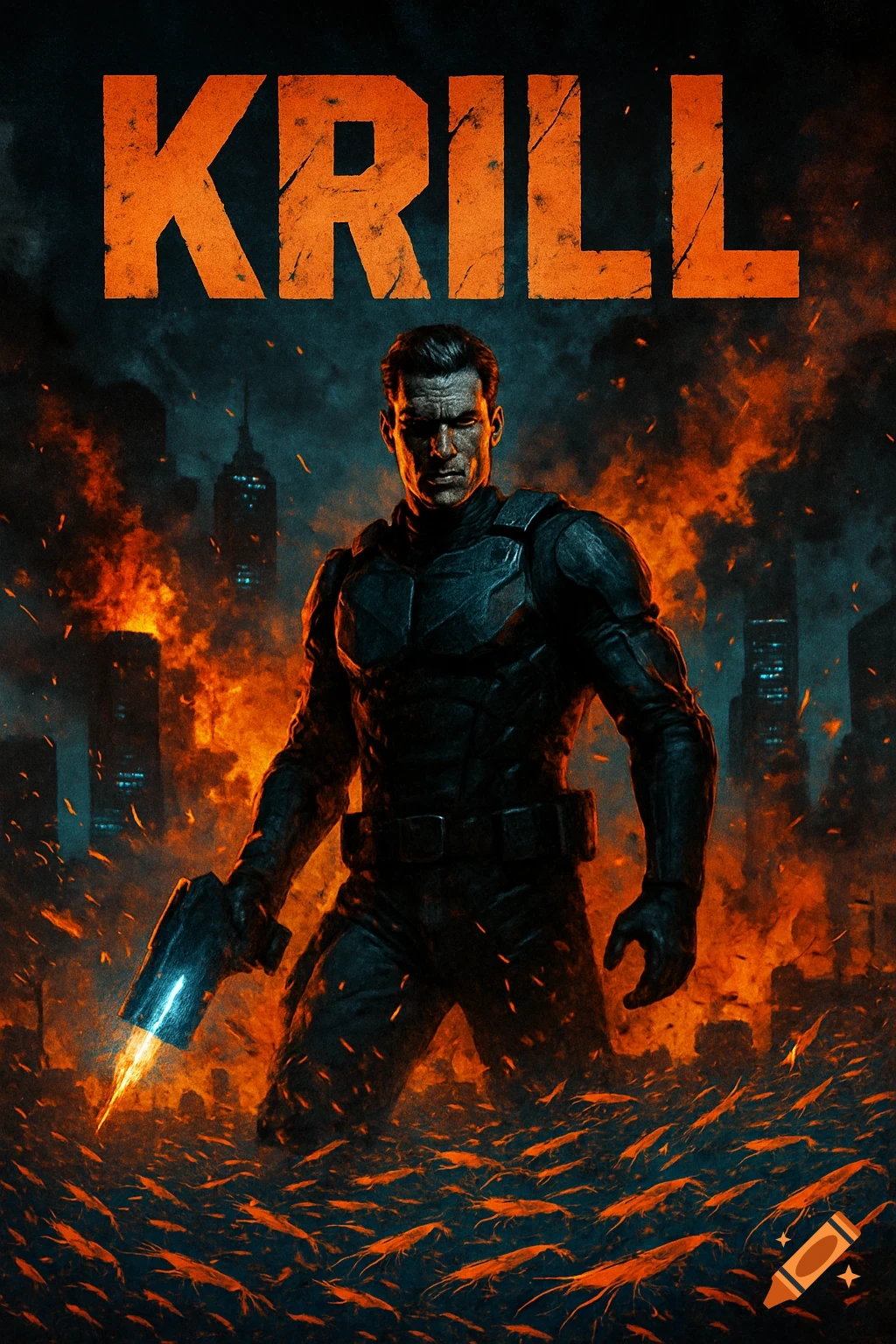 Gritty action movie poster with a man in tactical gear, holding a glowing gun in a fiery, destroyed city filled with small, orange creatures. Text reads 'KRILL'.