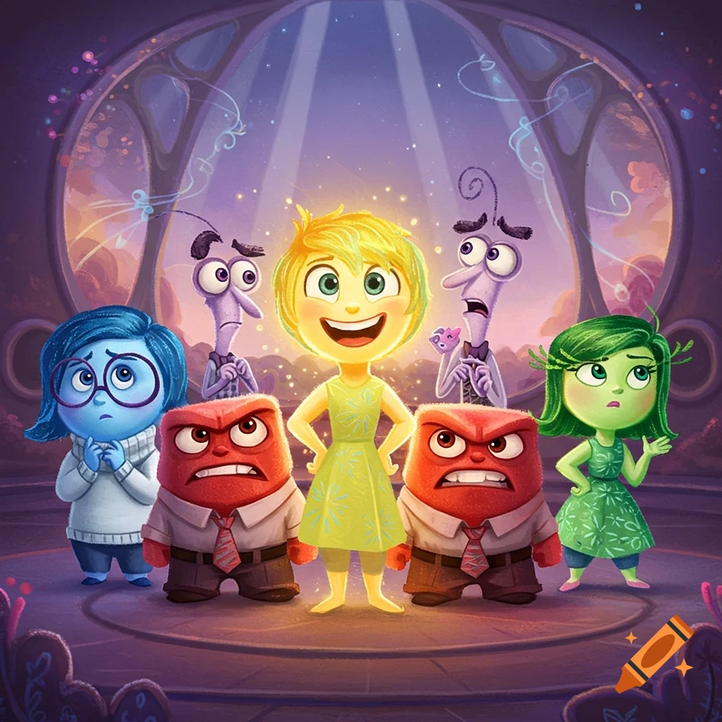 Cartoon characters representing emotions: Joy, Sadness, two Angers, Fear, and Disgust, standing in a whimsical, colorful, illuminated circular room.