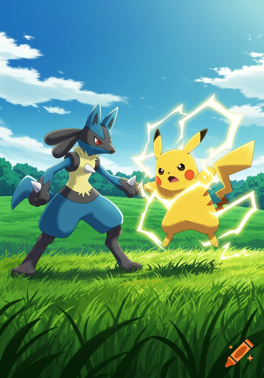 Lucario faces Pikachu, who is surrounded by lightning, on a grassy field under a blue sky, in anime style.