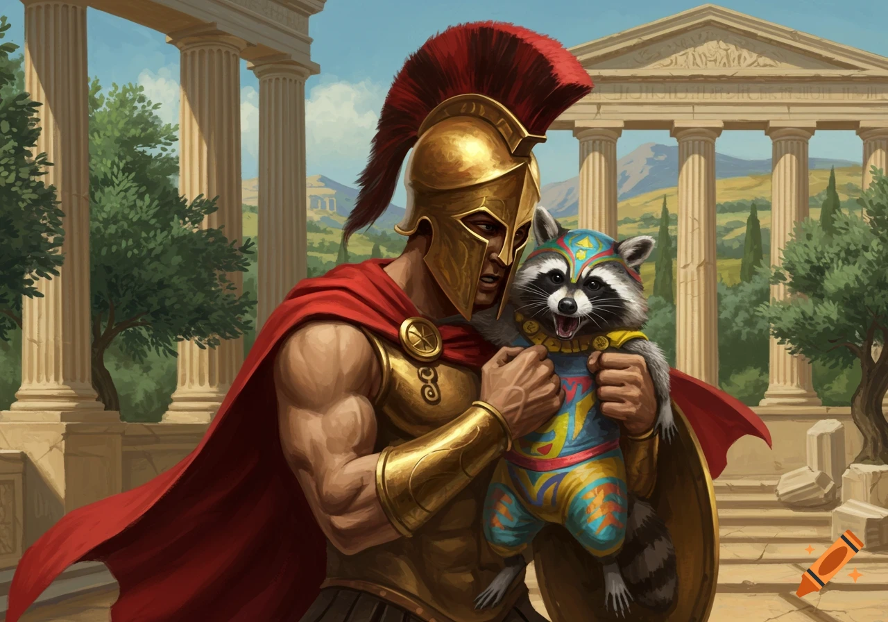 A Spartan warrior in gold armor and red cape holds a raccoon in a colorful luchador costume, with ancient Greek ruins in the background.