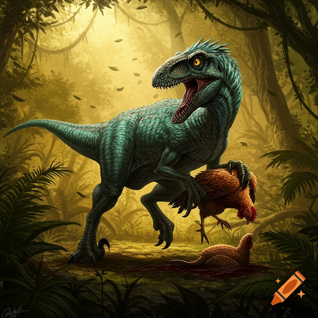 Detailed illustration of a blue-green Deinonychus dinosaur in a lush jungle, holding a chicken with another on the ground.