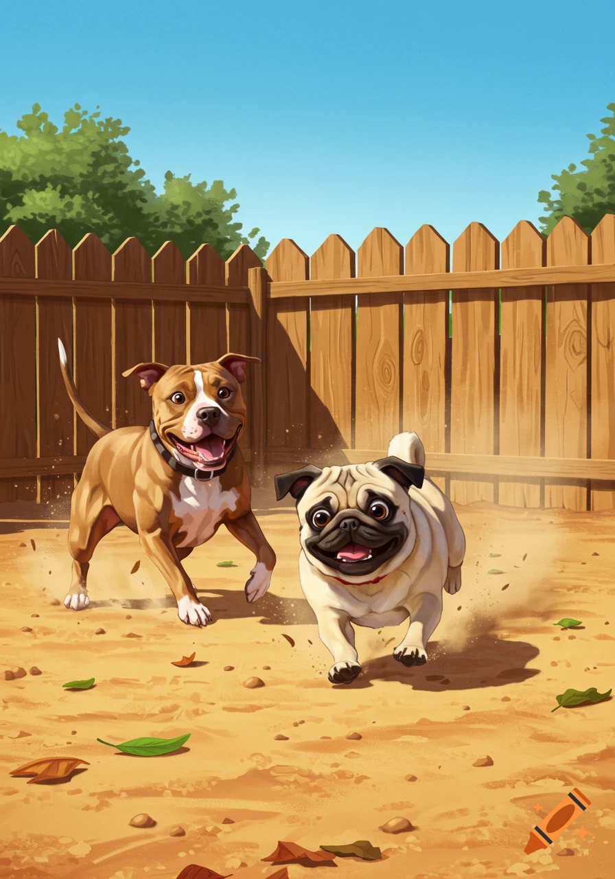A happy pitbull and a pug joyfully run and kick up dirt in a fenced backyard, in a cartoon style.