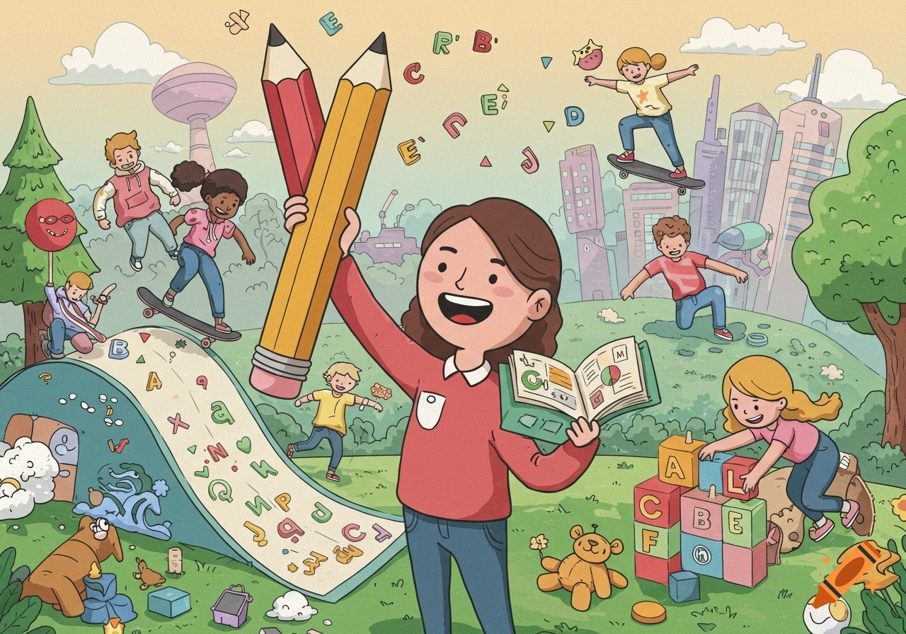 An illustration of a diverse group of children and an adult woman in a park-like setting with floating letters, oversized pencils, and building blocks.
