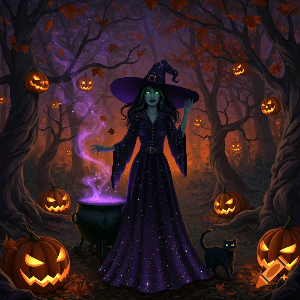 A witch with green skin and glowing eyes stands in a spooky forest with glowing jack-o'-lanterns, a cauldron, and a black cat.